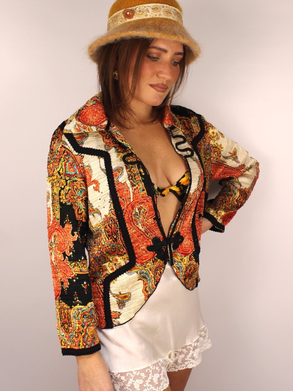 Bohemian Paisley Embroidered Women's Jacket - Orange & Black